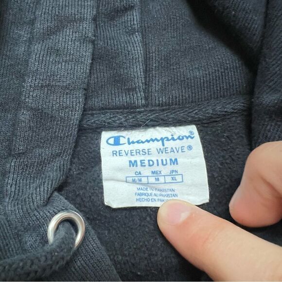 Champion Hoodie Men Medium Black Reverse Weave Sweatshirt Hoodie Spell Out Retro - Picture 4 of 7